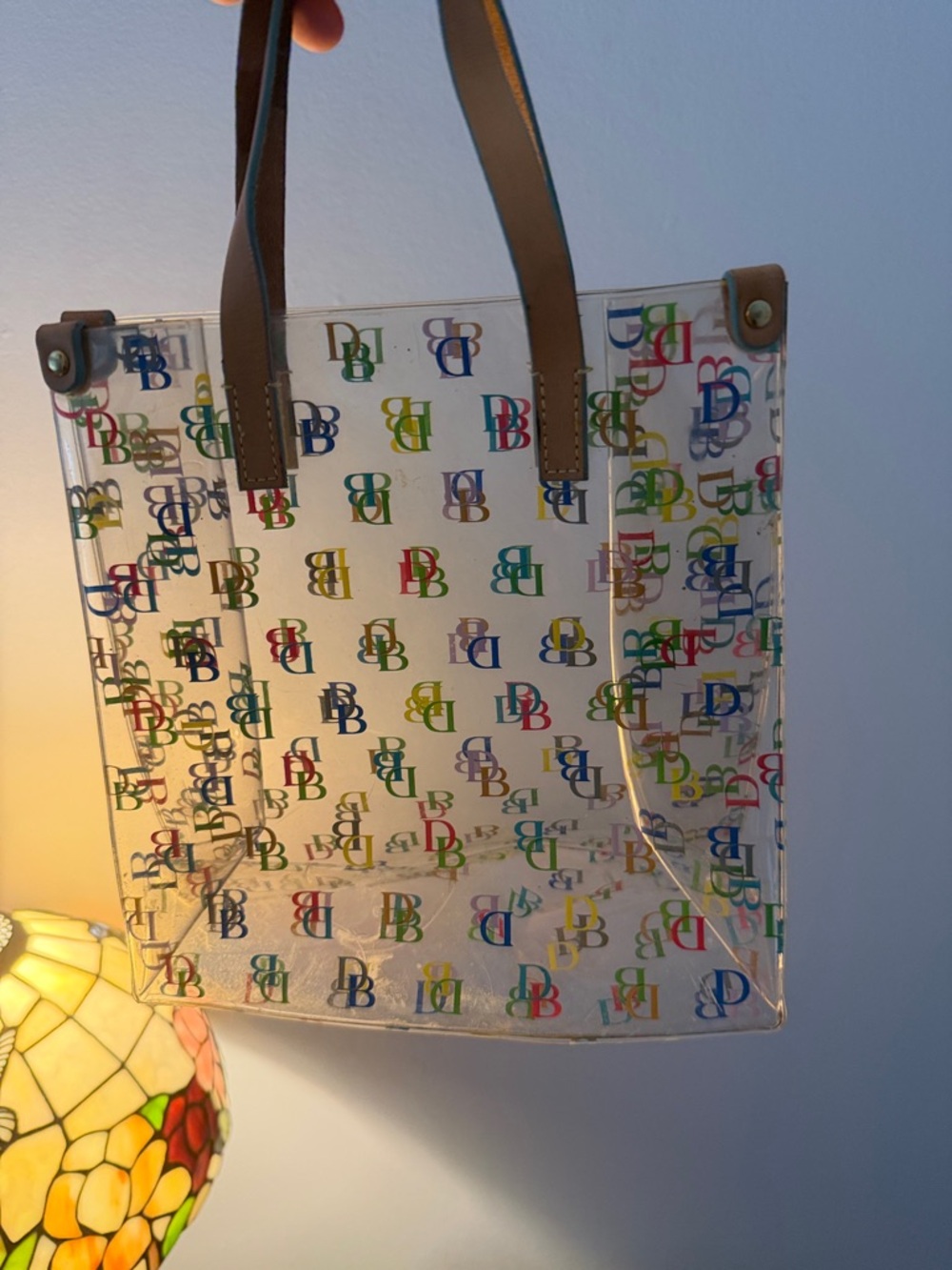 Dooney & Bourke Clear Tote with Multicolor DB Logos and Brown Handles - Picture 3 of 6